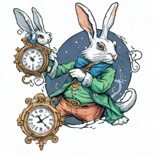 White rabbit with pocket watch peter pan tattoo design idea
