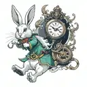 White rabbit with pocket watch peter pan tattoo design idea