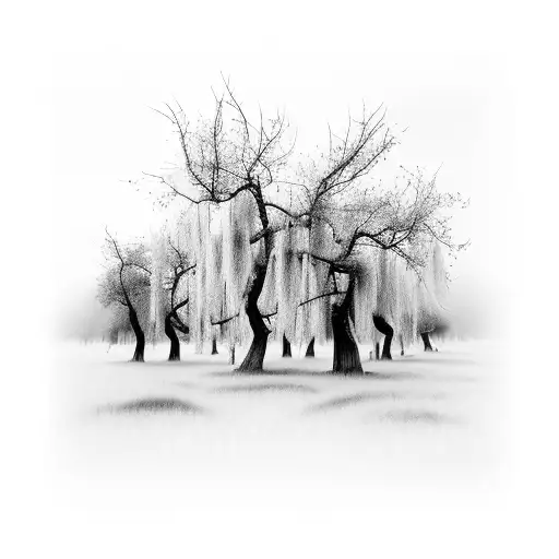 forrest of dead willow trees in light fog tattoo design idea