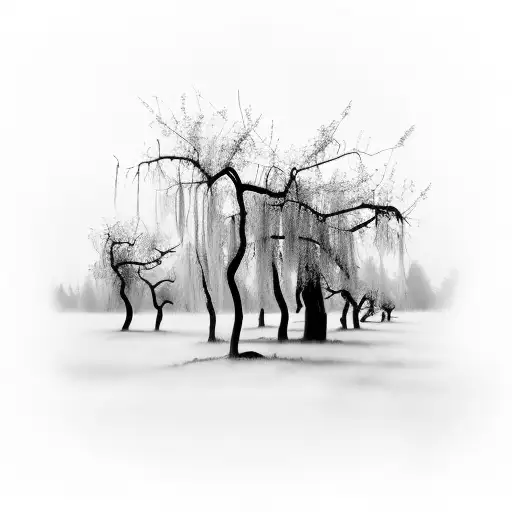 forrest of many dead willow trees in light fog tattoo design idea