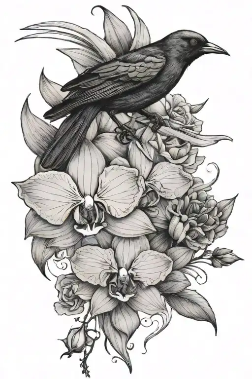 orchid blackbird and rose tattoo design idea