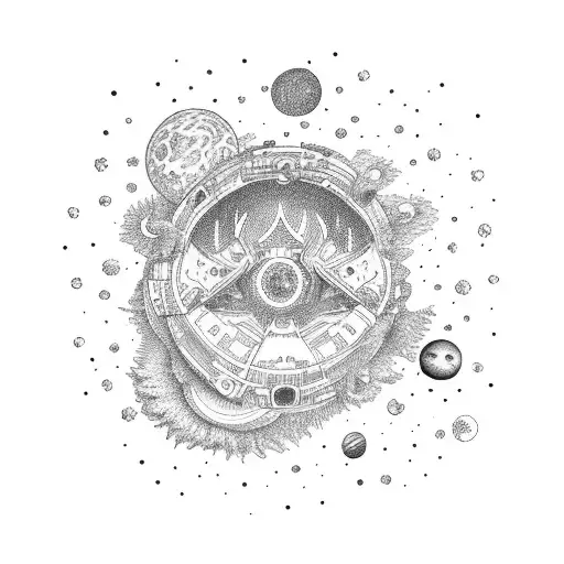 Spaceship traveling through a weed-filled galaxy tattoo design idea
