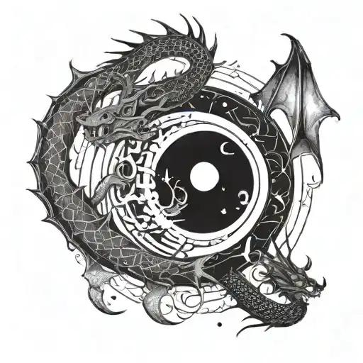 A cosmic representation of the client's birth date with the sun and moon intertwined with a dragon tattoo design idea