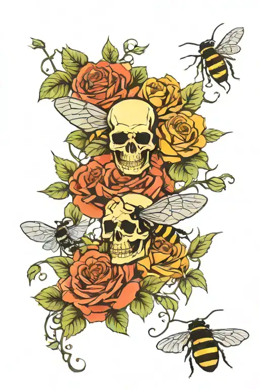 skull, roses, vines, bumble bee flying tattoo design idea