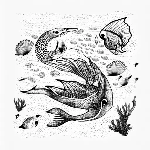 The sea with underwater fauna, the horizon and birds tattoo design idea