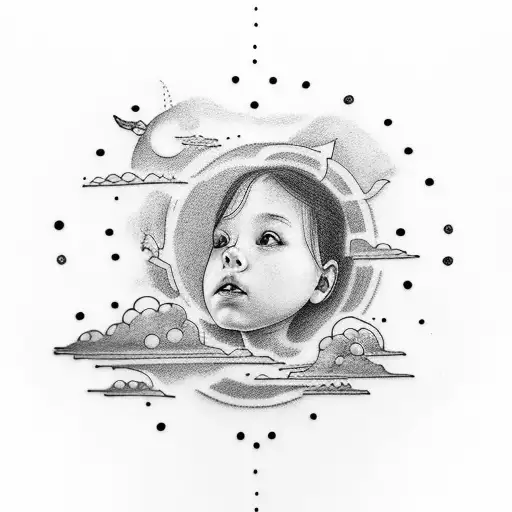 Tattoo Proposal: Daughter Observing the Sky  Scene Description:  The scene represents the 3-year-old daughter looking at tattoo design idea