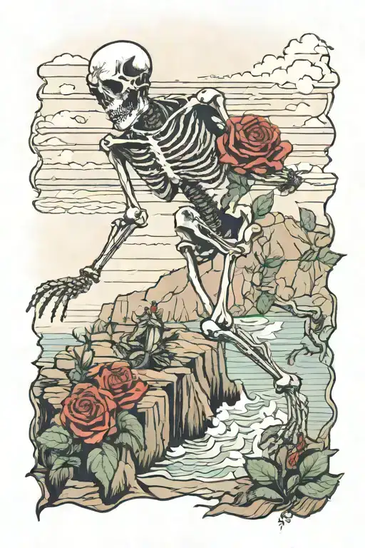 skeleton dancing on edge of cliff overlooking the ocean while holding rose tattoo design idea