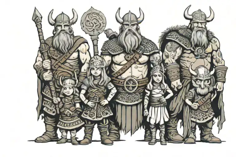 viking family: father warrior, mother warrior, daughter 10 years old, children 7 and 3 years old standing with them tattoo design idea