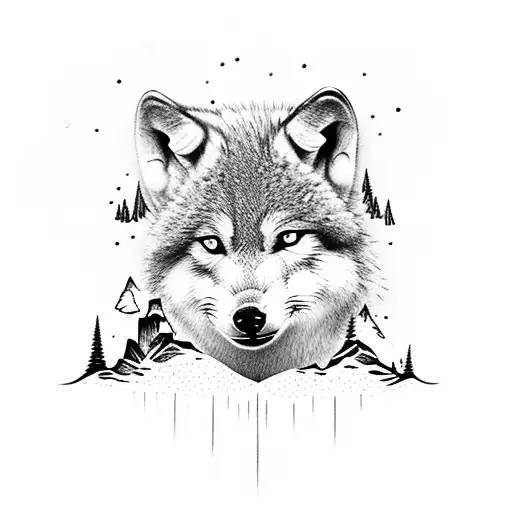 A baby wolf drinking from a pristine mountain stream tattoo design idea