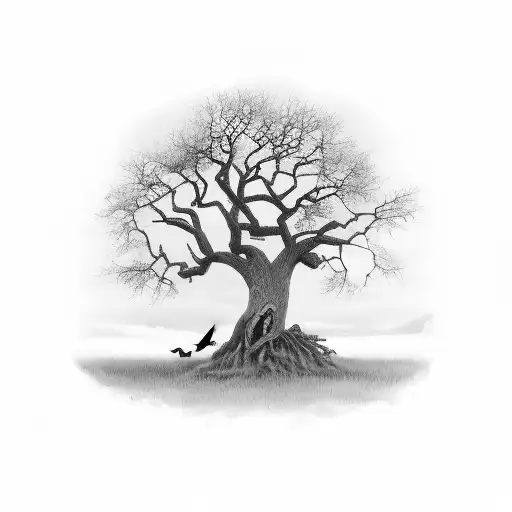 dead oak tree with crow and gravestone  tattoo design idea