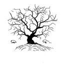 dead oak tree with raven perched on tombstone under tree tattoo design idea