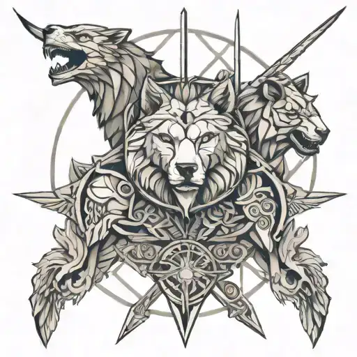 wolf,lion and eagle with a warrior katana sword and roman design tattoo design idea