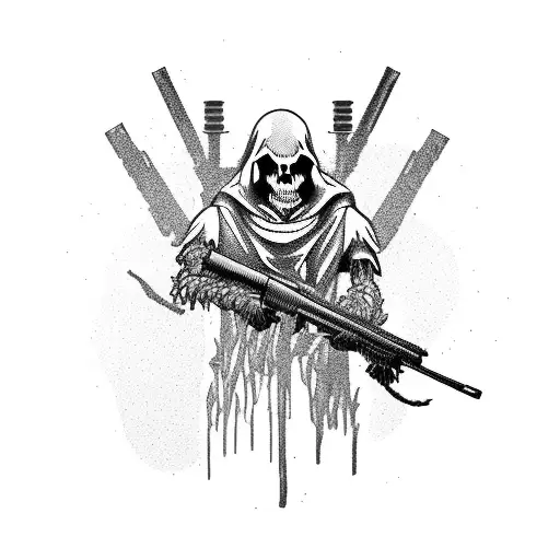 A reaper, holding a sniper rifle by the barrel on a mountain edge wearing a ghillie suit tattoo design idea