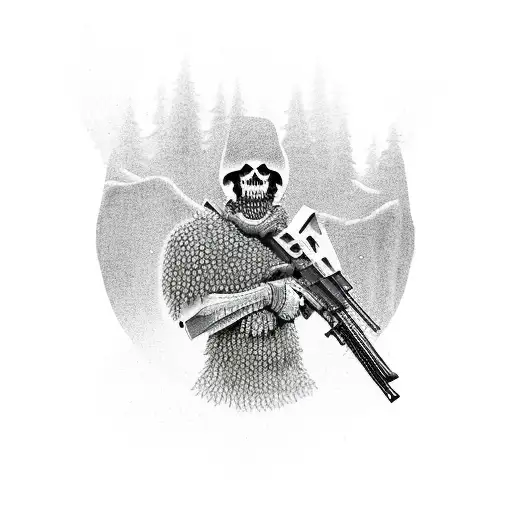 A reaper, holding a sniper rifle by the barrel in the mountains wearing a ghillie suit tattoo design idea