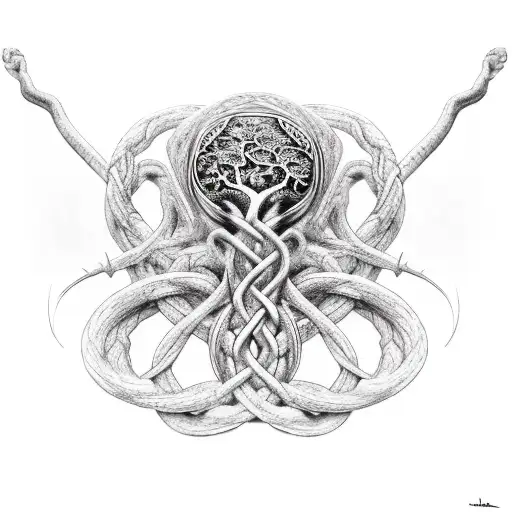Realistic depiction of Yggdrasil intertwined with Viking symbols tattoo design idea