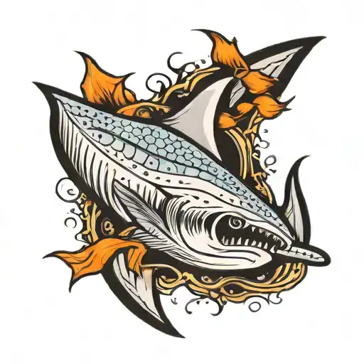 tattoo that includes black tip shark fin, blue crab claw, stingray tail and barb, alabama tattoo design idea