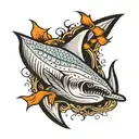 tattoo that includes black tip shark fin, blue crab claw, stingray tail and barb, alabama tattoo design idea