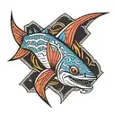 tattoo that includes black tip shark fin, blue crab claw, stingray tail and barb, alabama tattoo design idea