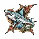 tattoo that includes black tip shark fin, blue crab claw, stingray tail and barb, alabama tattoo design idea