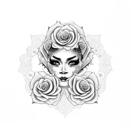 A chicana woman's face made of intertwined dollar bills and roses tattoo design idea