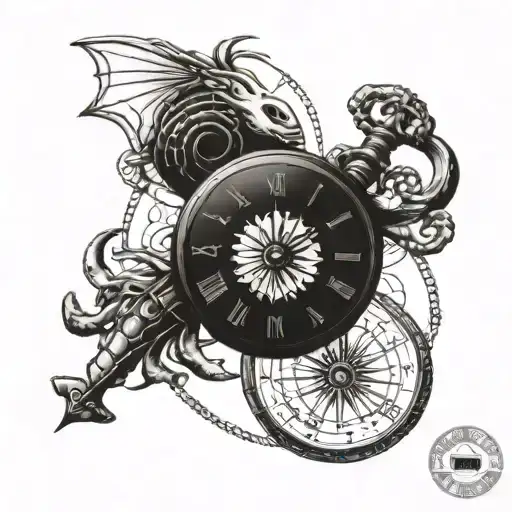 sundial, pocket watch with chain and sun and moon shrimp tattoo design idea