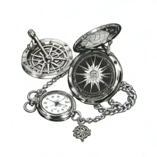 sundial, pocket watch with chain and audi emblem tattoo design idea