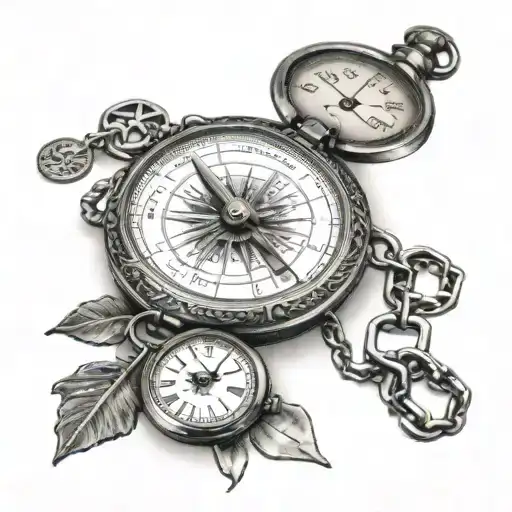 sundial, pocket watch with chain and audi emblem tattoo design idea