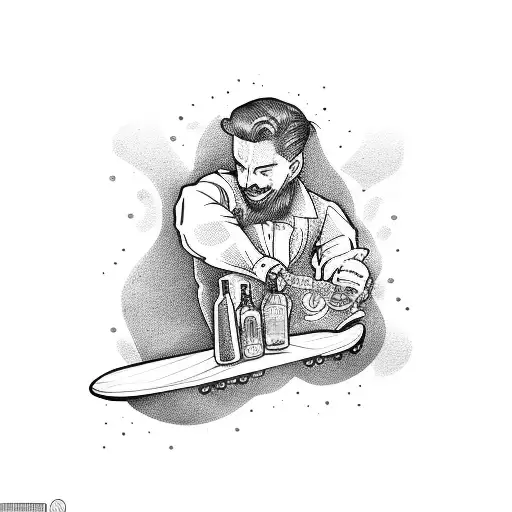 A bartender mixing cocktails on a skateboard tattoo design idea