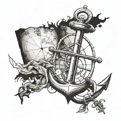 anchor, compass and map background black and gray tattoo tattoo design idea