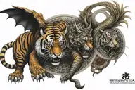 Tiger fighting a dragon with wings, and yin yang with a samurai tattoo design idea