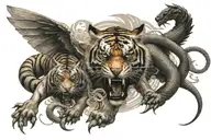 Tiger fighting a dragon with wings, and yin yang with a samurai tattoo design idea