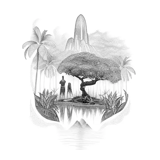 A person picking flowers in a Brazilian rainforest with a silhouette of Christ the Redeemer in the distance tattoo design idea