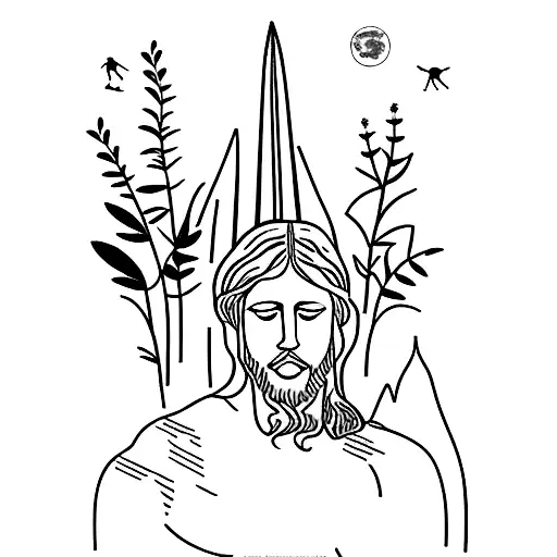 A person picking flowers in a Brazilian rainforest with a silhouette of Christ the Redeemer in the distance tattoo design idea