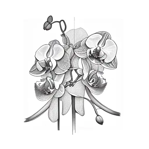 orchids bouquet of  with thin lines stems and a swallow perched to the left head bowed towards it flowers tattoo design idea