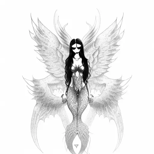 A gothic mermaid with demon wings tattoo design idea