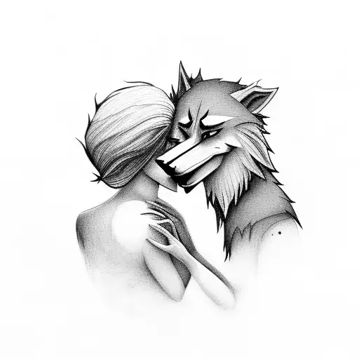 A mystical werewolf and a peaceful fairy embracing each other in a minimalist style tattoo design idea
