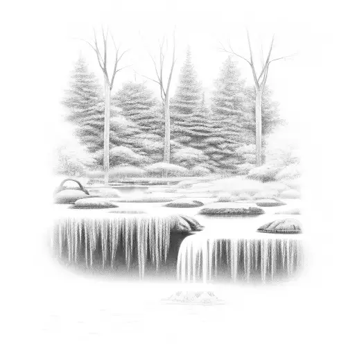 A serene river flowing through a mystical woods with hidden fairies in a minimalist style tattoo design idea