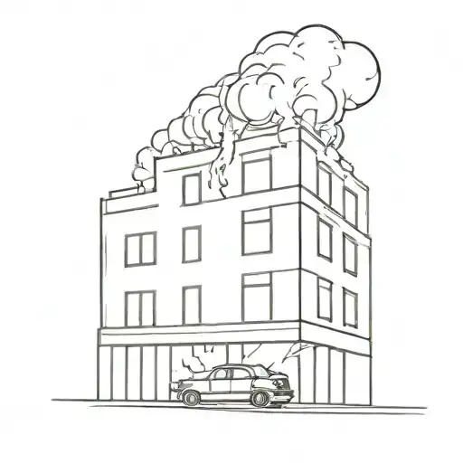a building on fire with a car shooting lasers at it  tattoo design idea