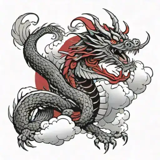 rising dragon, japanese traditional style, clouds, black and red ink tattoo design idea