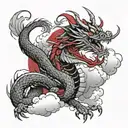 rising dragon, japanese traditional style, clouds, black and red ink tattoo design idea