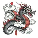 rising dragon, japanese traditional style, clouds, black and red ink tattoo design idea