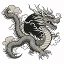 rising dragon, japanese traditional style, clouds, black and red ink tattoo design idea