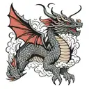 rising dragon, japanese traditional style, clouds, black and red ink tattoo design idea