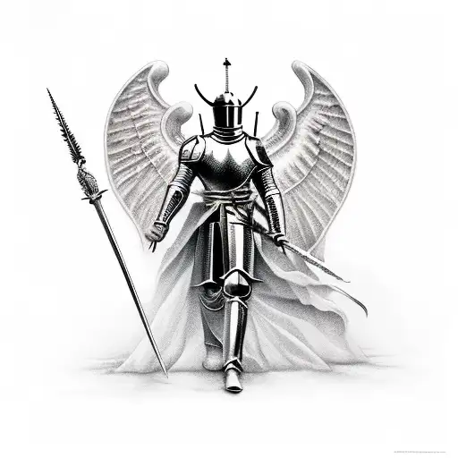 Incorporate the image of a knight and an angel in an epic battle scene tattoo design idea