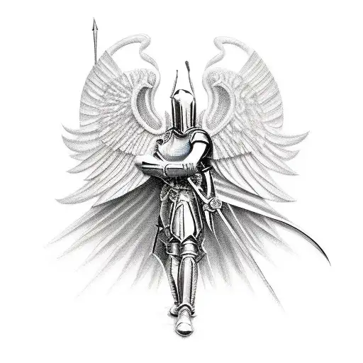Incorporate the image of a knight and an angel in an epic battle scene tattoo design idea