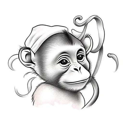 baby monkey, tail hanging, sitting on a cloud tattoo design idea