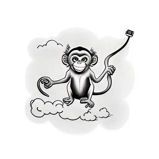  cute monkey, tail hanging, sitting on a cloud tattoo design idea