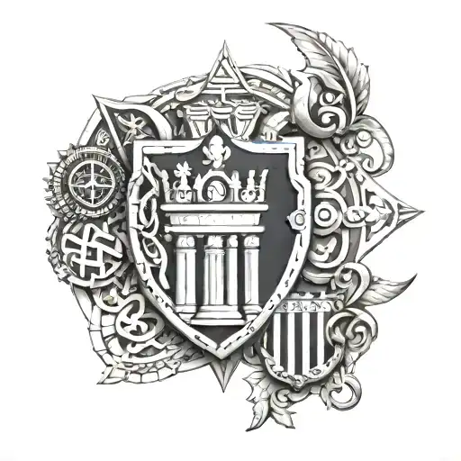 A mosaic-inspired design featuring elements from both the Roman and Greek Empires, with a subtle nod to Barcelona FC tattoo design idea