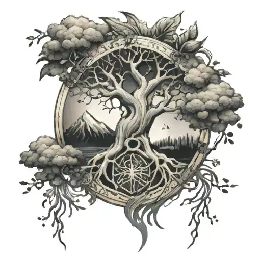 A tattoo combining elements of Ygdrasil, Brazilian jiu jitsu, and the names Birgitte, Storm, William, Valentin, and Maren in a cohesive design tattoo design idea