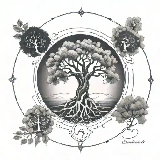 A minimalist design of the Ygdrasil tree incorporating the names Birgitte, Storm, William, Valentin, and Maren tattoo design idea